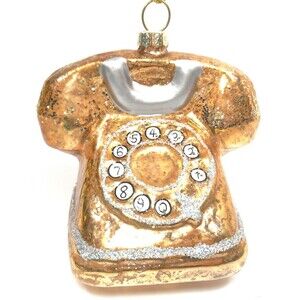 Golden Dial Telephone Glass Christmas Ornament 3 in Silver Tree  NWT Gift Retro